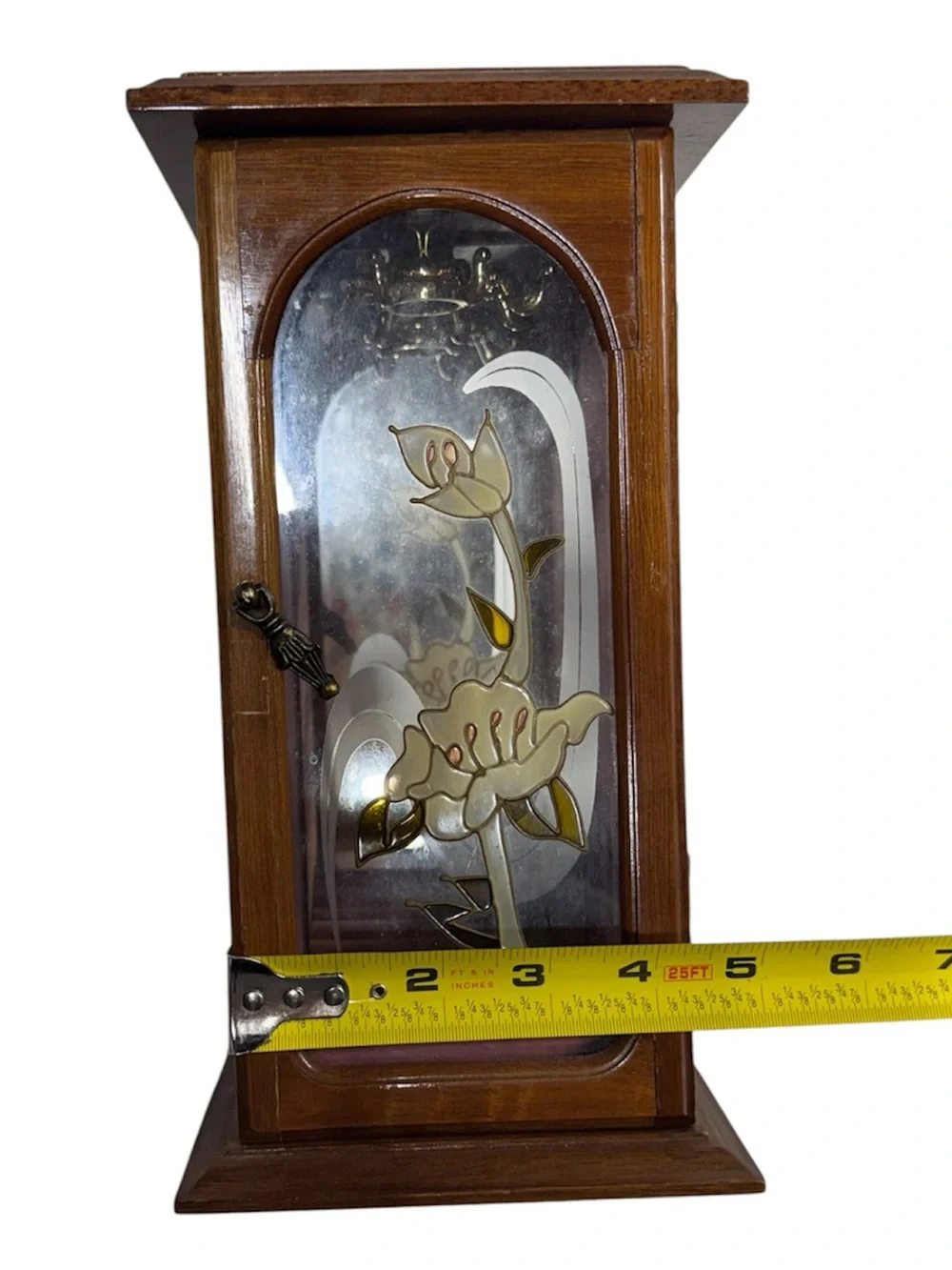 Rosalco 1987 vintage jewelry box holder with stained glass lily on hinged door